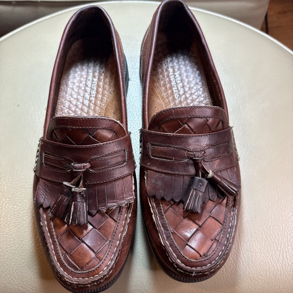 Vintage 90s Brown Hush‎ Puppies Lancer Woven Leather Tassel Loafers 11